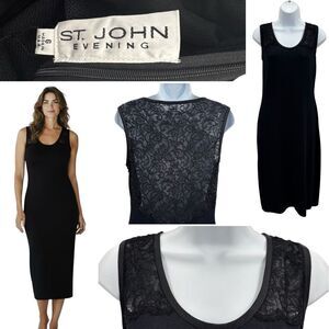 St. John Evening Black Sleeveless Bodycon Knit Sheer Lace Back Midi Dress Sz. 6